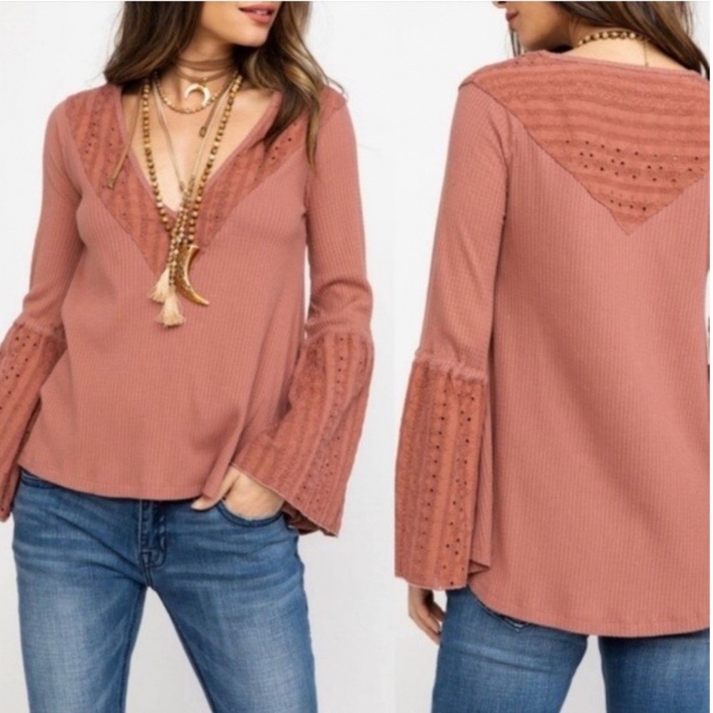 Free People Parisian Nights Eyelet Trim Bell Sleeve ribbed peasant Oversized